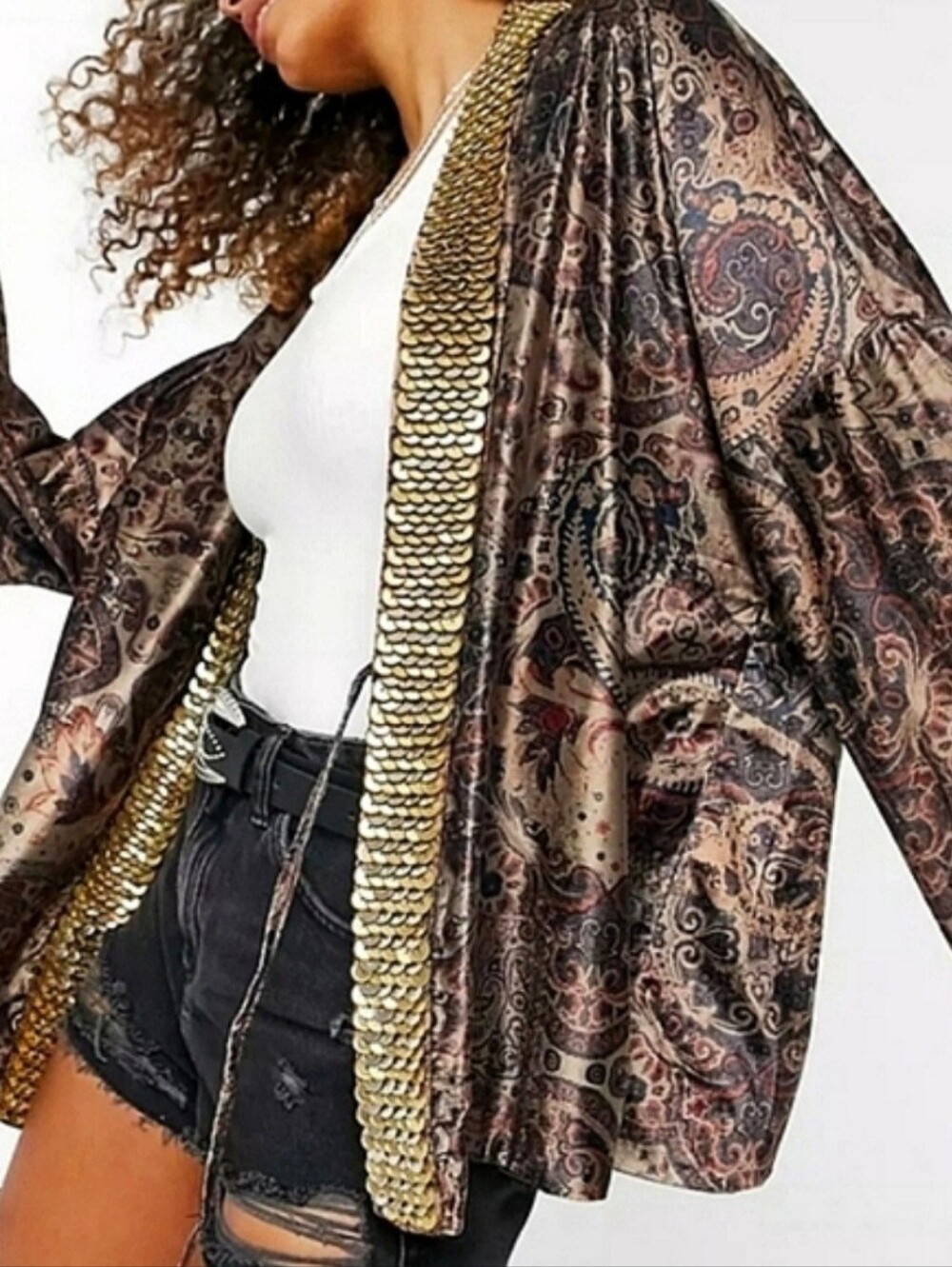FREE PEOPLE LAYLA GOLD EMBELLISHED VELVET SILKY WRAP KIMONO